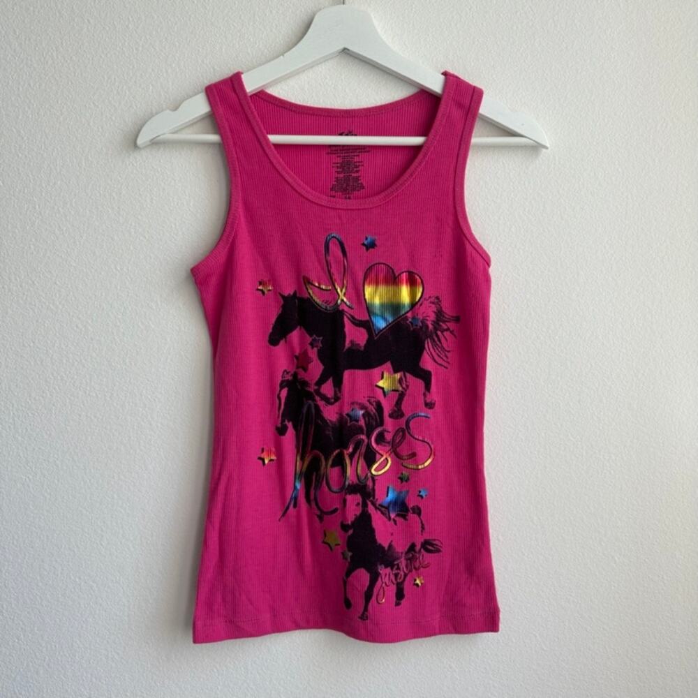 Justice I Love Horses holographic Barbie pink ribbed graphic tank top girls 14
